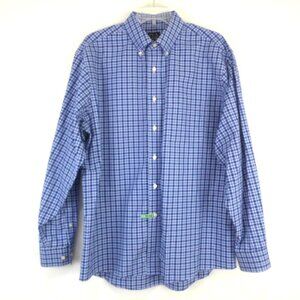 Jos A Bank Travelers Shirt Plaid Long Sleeve Button Down Navy Blue White
